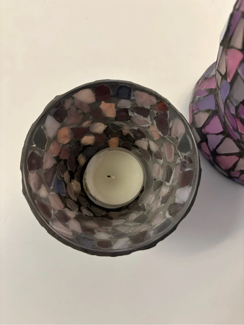 Vintage Mosaic Glass Hurricane Candle Holder Set Home Interiors Purple & Pink